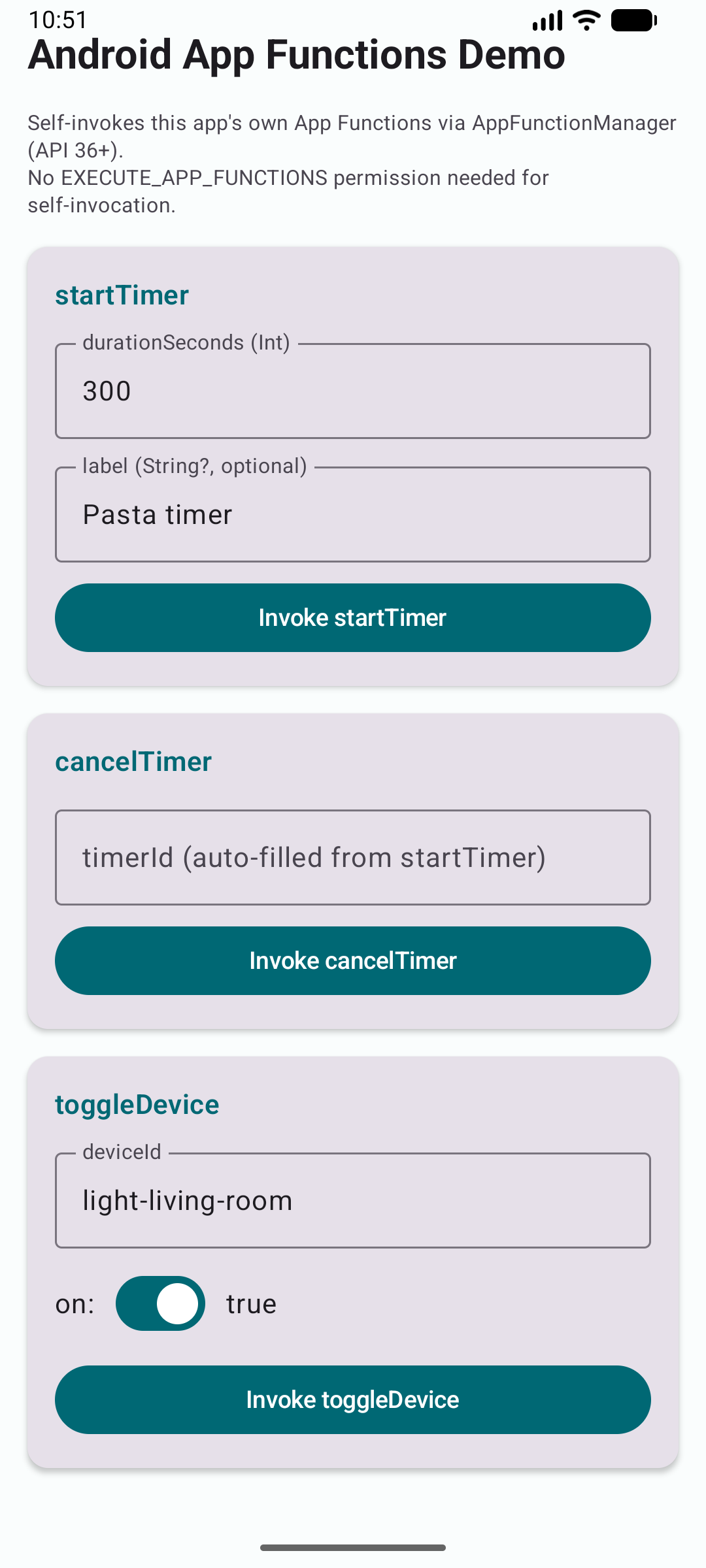 The demo app&rsquo;s debug screen with three App Functions